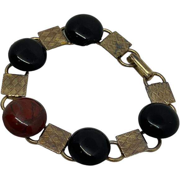1950s Modernist Stone & Textured Metal Link Bracelet - Black Onyx & Carnelian - Picture 4 of 6